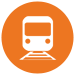 Circle icon, white outline of a Metro Rail car against orange background