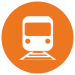 Circle icon, white outline of a Metro Rail car against orange background