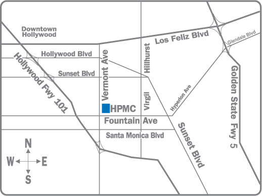 Gray and white street map indicating location of HPMC. CHA Hollywood Presbyterian Medical Center is located on the corner of Vermont Avenue and Fountain Avenue in Hollywood, California.
